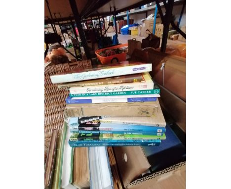 Two tubs of picture frames, box and hamper basket of books - mostly gardening