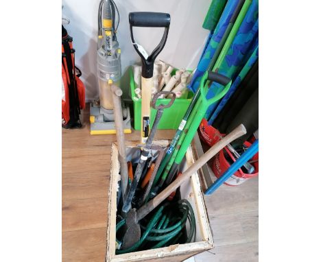 Quantity of hand tools, axe, rake, spade, shovel, foot pump, hose etc 