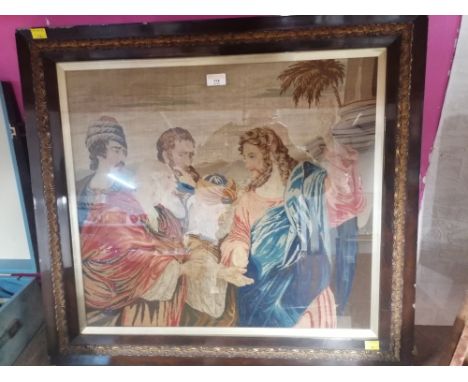 Religious tapestry needlework in wood and gilt frame, 73 cm x 67 cm