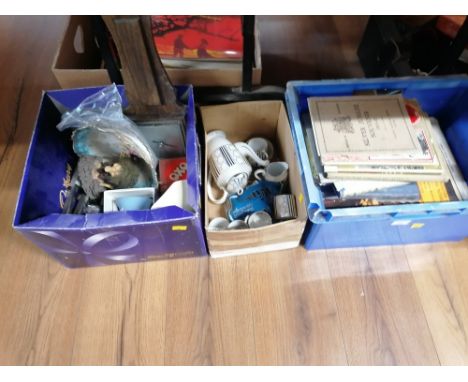 Box of books and two boxes of china, barometer, Wedgwood vase etc