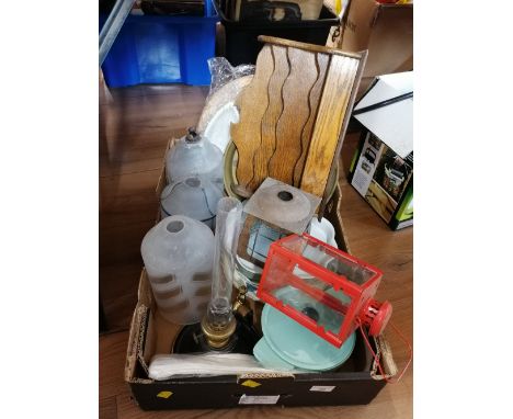 Vintage glass lamp shades, oil lamp, lantern, letter rack etc 