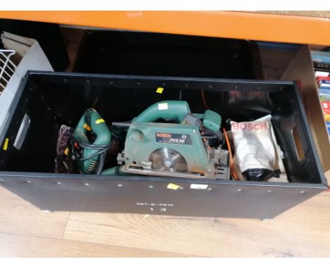 Case of power tools, Bosch circular saw, PKS 46, Bosch electric planer, PHO 100, Bosch jigsaw, PST 65 PAE, Bosch sander, PSS2