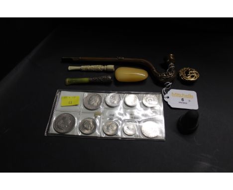 King Constantine First Series coins 1966 to 1968, metal smoking pipe, cheroot holders etc