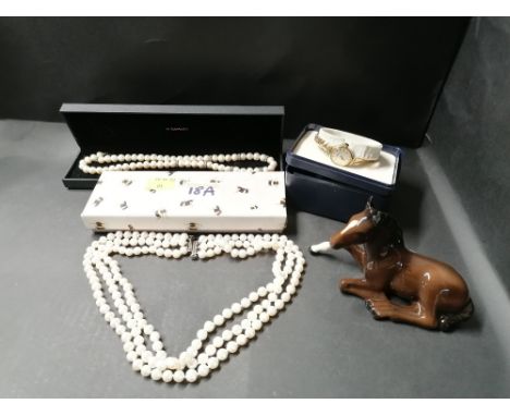 Royal Doulton horse ornament and a box of costume jewellery, necklaces, Rotary ladies wristwatch etc 