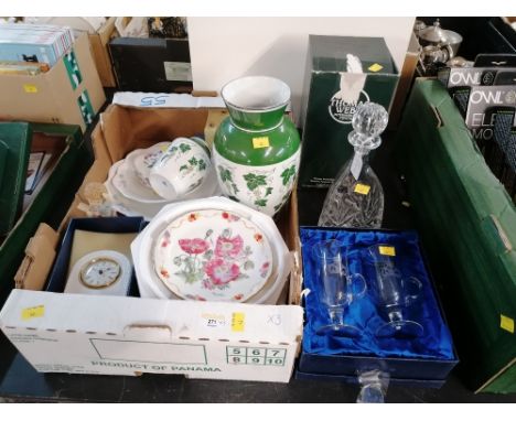 Thomas Webb crystal decanter, pair of boxed glasses and a box of decorative plates, Aynsley mantle clock, German vase etc