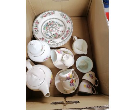 Two boxes of Czechoslovakian crystal decanter, Radford part coffee set, Indian Tree bowl, Aynsley lidded pot etc
