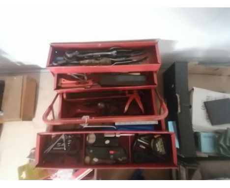 Cantilever toolbox and a quantity of hand tools, jars of curtain hooks and buttons etc   