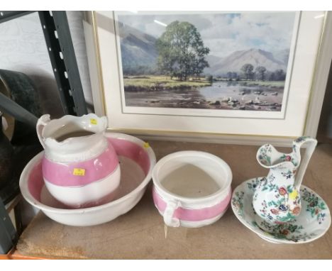 Late 19th century bathroom jug and bowl, chamber pot and a late Spode jug and bowl