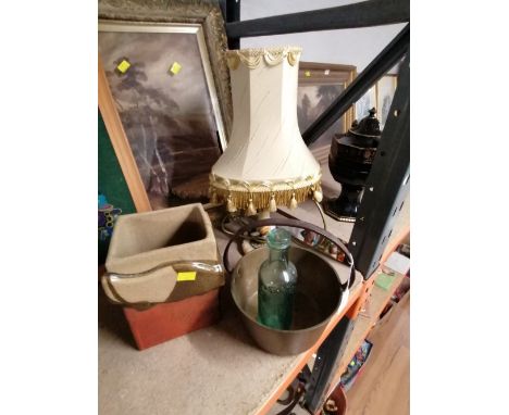 Decorative table lamp and shade, small jam pan, square form studio style vase and two bottles