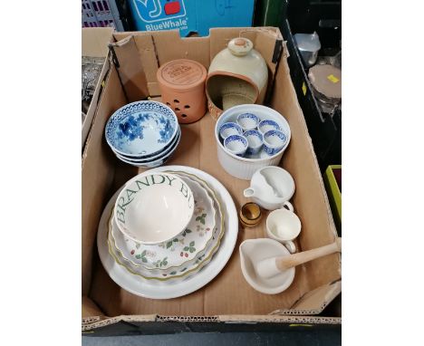 Mortar and pestle, Wedgwood flan dishes, salt pig and Spode egg cups