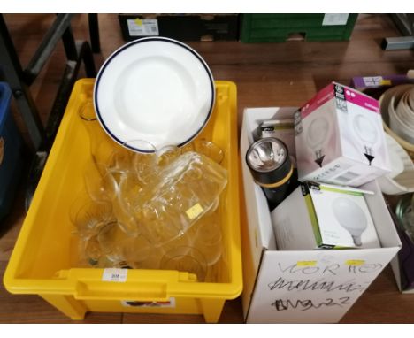 Box of glassware and a box of energy saving light bulbs and torch 