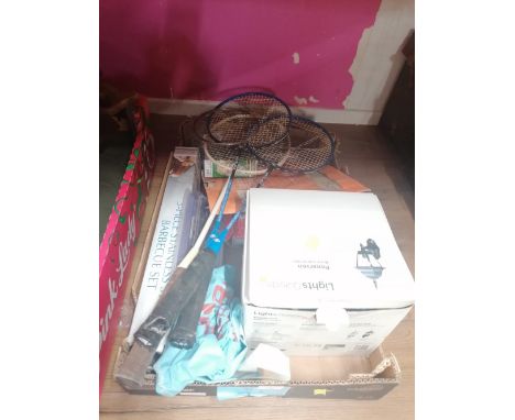 Badminton rackets, barbecue set, outdoor light etc