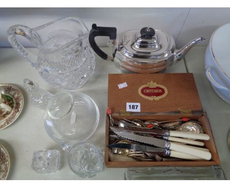 Edwardian Silverplated teapot, qty. of Silverplated flatware and assorted glassware           