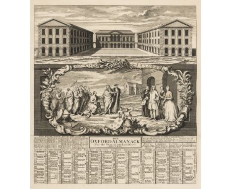Oxford Almanack (The), engraved plate with scenes of Worcester College and a group of figures with Gloucester Hall in the bac