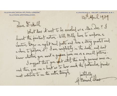 Elgar, Billy Reed & Bernard Shaw.- Shaw (George Bernard, playwright and polemicist, 1856-1950) Autograph Letter signed to Bil