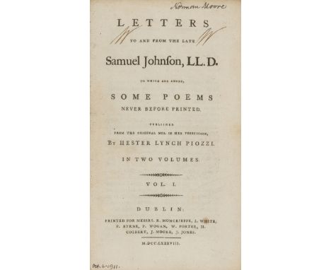 Lot 498. William Wordsworth's copy.- Johnson (Samuel) Letters to and from the late Samuel Johnson, LL.D., first Dublin editio