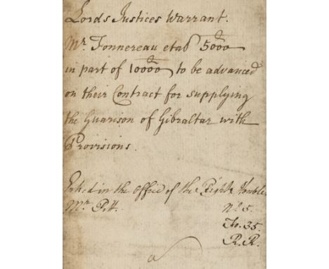 Anson (George, Baron Anson, naval officer and politician, 1697-1762) Warrant signed "Anson, Hardicke, Holderness" and others,