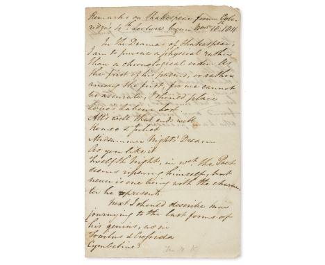 Coleridge (Samuel Taylor, poet, literary critic, philosopher, 1772-1834).- Remarks on  Shakespeare from Coleridge's 4th Lectu