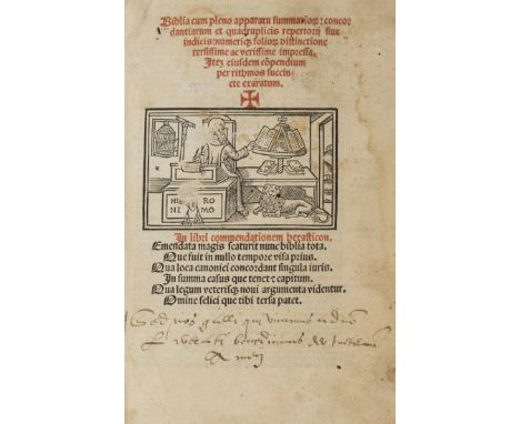 Bible, Latin.-  Biblia cum pleno apparatu summariorum concordantiarum et quadruplicis repertorii. Compendium per rithmos succ
