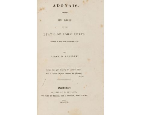 Shelley (Percy Bysshe) Adonais. An Elegy on the Death of John Keats, first English edition, some very slight foxing, new endp