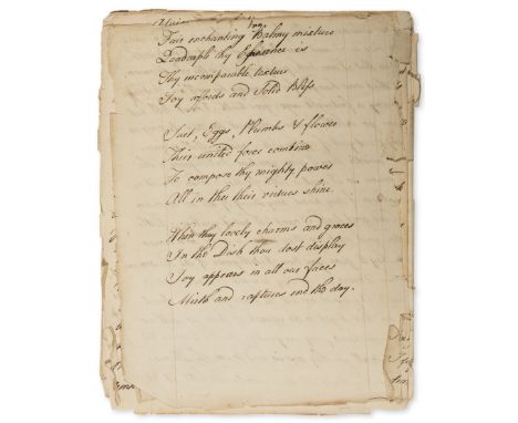 18th century poetry.- Volume of poetry, manuscript, 56pp., browned, disbound, sm. 4to, dated in text 1767.  ⁂ Some material u