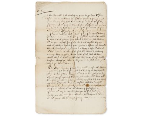 Glorious Revolution.- William III (King of England, Scotland, and Ireland, and Prince of Orange, 1650-1702) [Letter to Parlia
