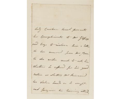 Lamb (Lady Caroline, novelist, 1785-1828) Autograph Letter third person to Mr. Glossop, 1p., 8vo, n.p. [Brocket Hall in anoth