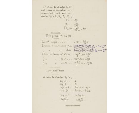 Mathematics.- Dodgson (Charles Lutwidge), "Lewis Carroll". Formulæ. (Group C.), with Dodgson's manuscript corrections in purp