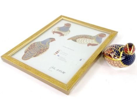 A Royal Crown Derby limited edition quail paperweight ornament, 451/4500, gilt stopper, printed marks beneath, 8cm high, and 