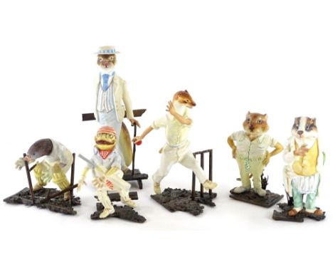 A set of six Albany Worcester semi-porcelain animal cricket caricature figures, to include weasel bowler, 16cm high, etc., un