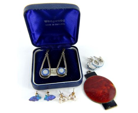 Various earrings and jewellery, comprising a silver and enamel religious St Christopher pendant, a pair of silver plated Wedg