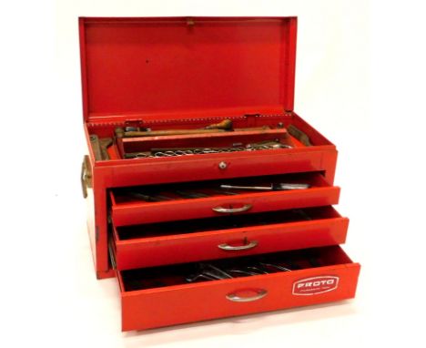 A Proto metal tool cabinet, 38cm high, 65cm wide, 31cm deep, containing a quantity of various tools.