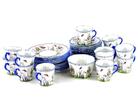 A Royal Stafford June pattern part tea service, decorated with birds, butterflies, etc., within a blue border.