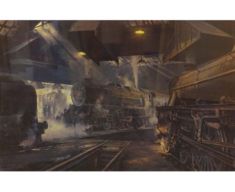 •David Shepherd (1931-2017). Willesden Sheds, artist signed limited edition coloured print, 317/850, 47cm x 64cm.