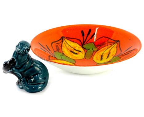A Poole Delphis range shallow dish, decorated in orange, yellow, green and red, printed mark in black to underside and decora