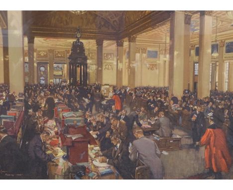 *•After Terence Cuneo (British 1907-1996). The Underwriting Room at Lloyds, lithograph, 44cm x 59cm.