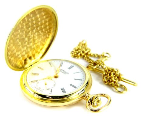 A Sewills of Liverpool 18ct gold hunter pocket watch,  with white enamel dial, gold scrolling hands, seconds dial, in plain g