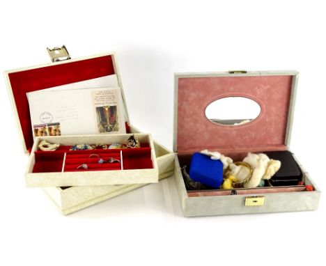 Two faux leather jewellery boxes and contents, to include silver and other dress rings, wristwatches, bar brooches, Eastern s