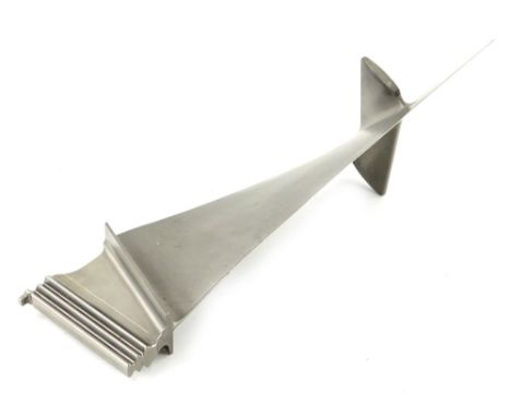 A titanium jet engine turbine blade,&nbsp;various scratched and stamped numbers to one end, 41cm long.
