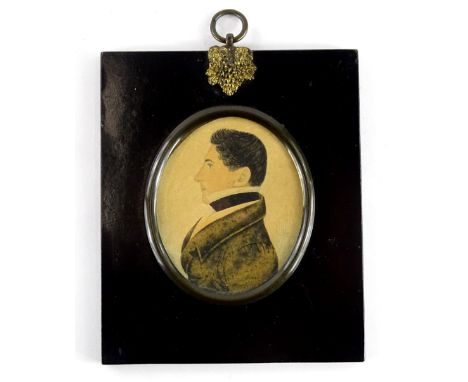 19thC English School. Portrait miniature of William Child of Vernham, Hampshire, quarter profile facing sinister, titled to t