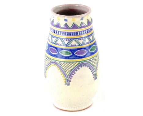 A Poole pottery vase, decorated with bands in blue, green and purple, etc., impressed marks to the terracotta coloured base, 