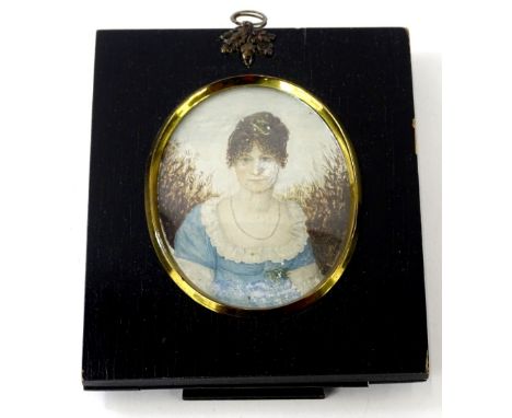 Early 19thC School. Portrait miniature lady, quarter profile, probably gouache, unsigned. (AF), 10cm x 7cm.