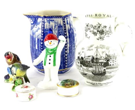 Various pottery and effects, to include a Beswick blue tit, Royal Worcester bicentenary jug, 1751 to 1951, 17cm high, Rington