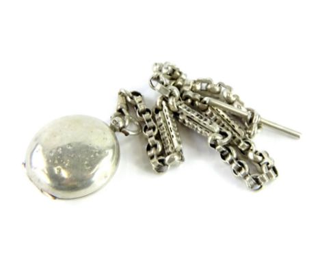 A silver watch chain and case, the chain of multi layered link form, with small circular silver locket, 41g all in. 