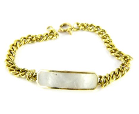An 18ct gold identity bracelet, with single identity bar set with mother of pearl, on link chain, with single clip clasp, 19c