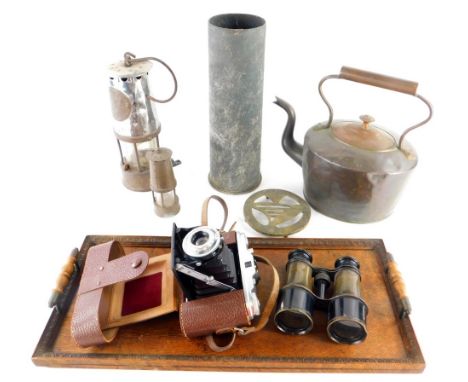 Various metalware, etc., Edwardian oak tray, a miners lamp of cylindrical form, marked Eccles 014, 24cm high, another smaller