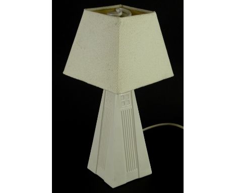 A Belleek Art Deco style table lamp base, with cream shade, 38cm high overall.