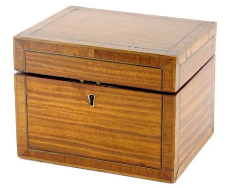 A satinwood and tulipwood crossbanded tea caddy, the hinged lid enclosing a velvet lined interior and cover, 16.5cm wide.