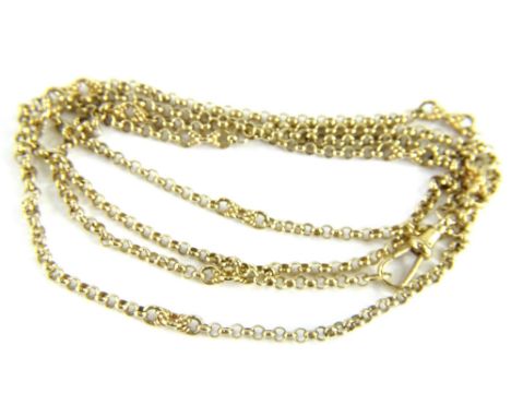 A 9ct gold longuard chain, with belcher links and larger modern twist/cross link breaks, with single clip clasp, 98cm long ov