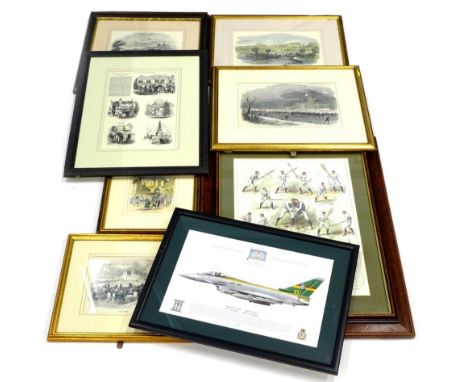 The Game of Lacrosse, coloured print and various prints of Lincoln, and a signed RAF Coningsby Typhoon print, (a quantity).